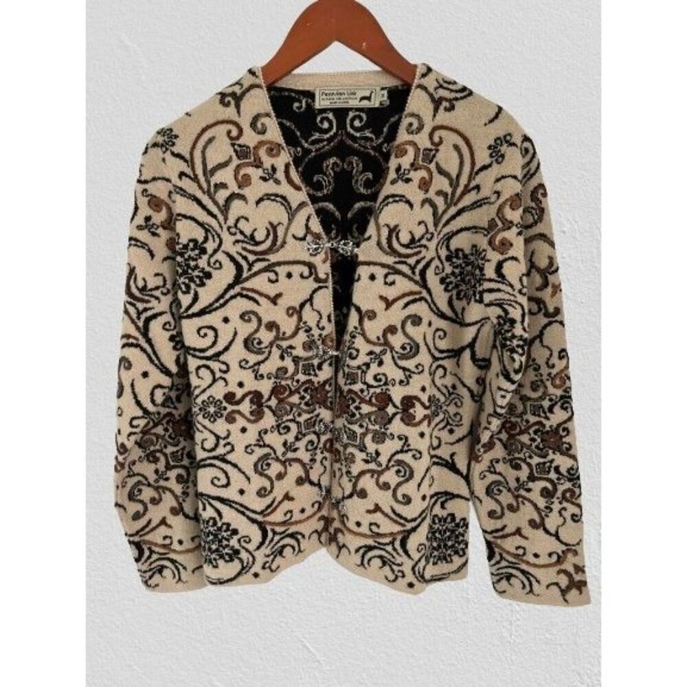 PERUVIAN 100% ALPACE Knitted Cardigan Embroidered Metal Clasp Beige Scroll Desig
